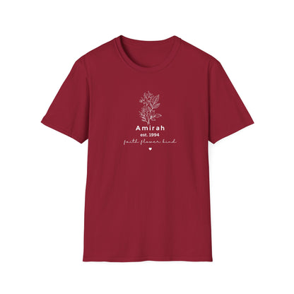 Personalized Floral Name T-Shirt — “Amirah est. 1994” Minimal Botanical Tee