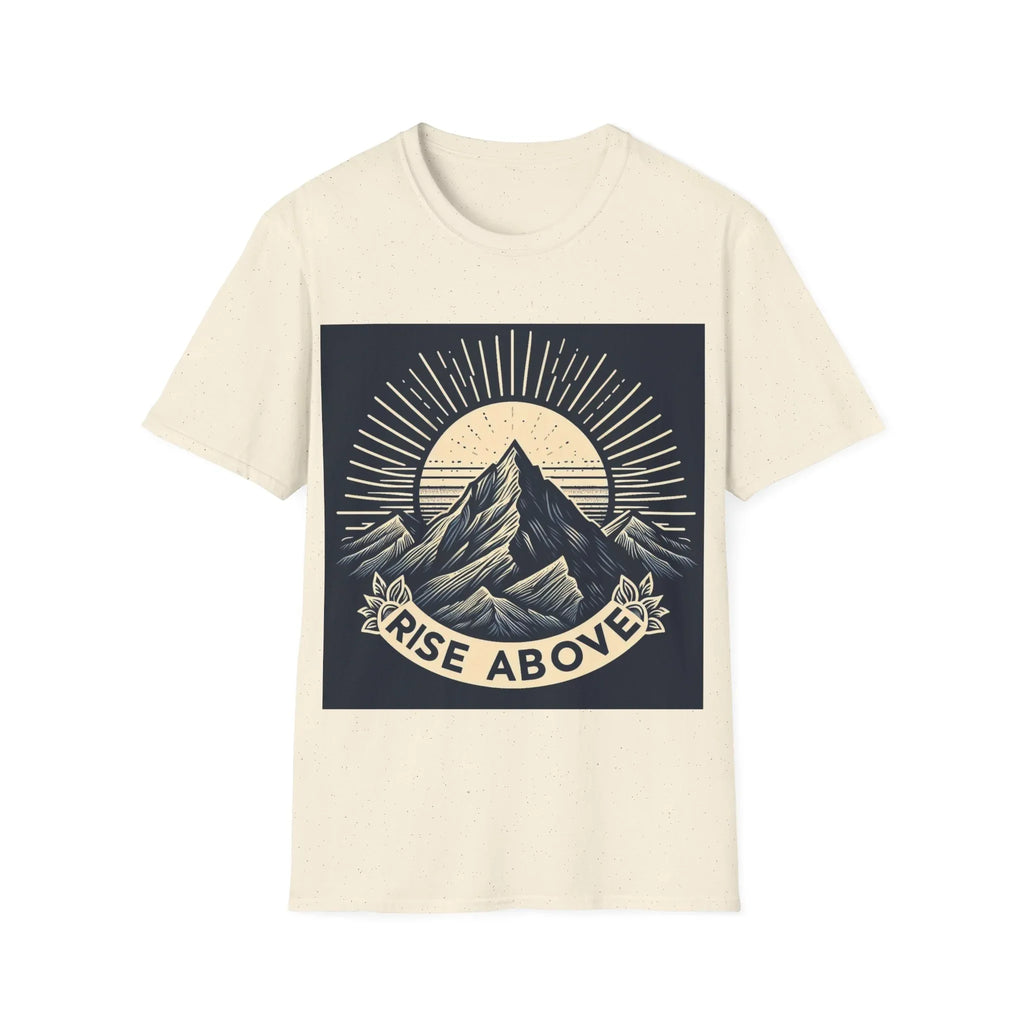 Oatmeal white short-sleeve T-shirt with mountain sunrise “RISE ABOVE” graphic