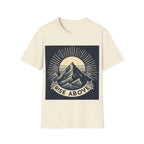 Oatmeal white short-sleeve T-shirt with mountain sunrise “RISE ABOVE” graphic