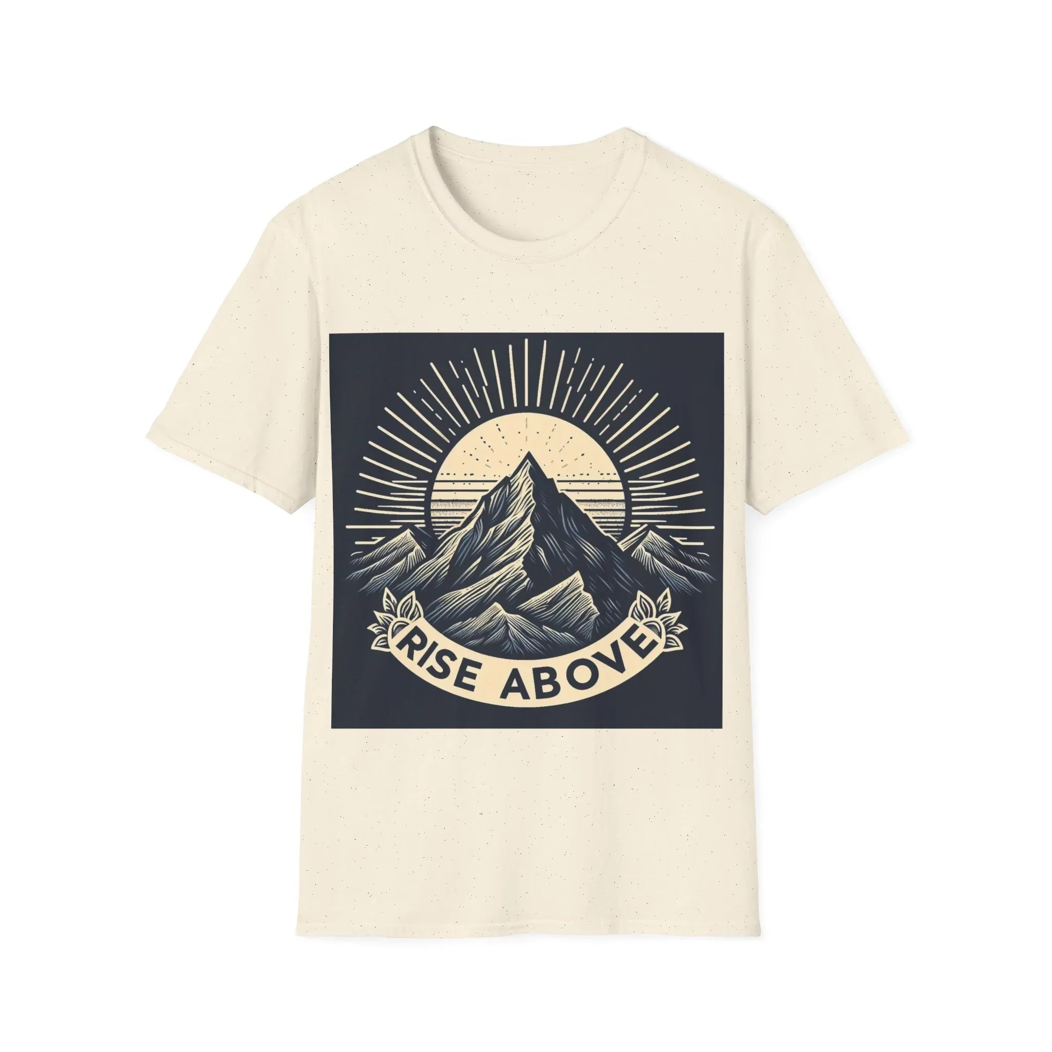 Oatmeal white short-sleeve T-shirt with mountain sunrise “RISE ABOVE” graphic