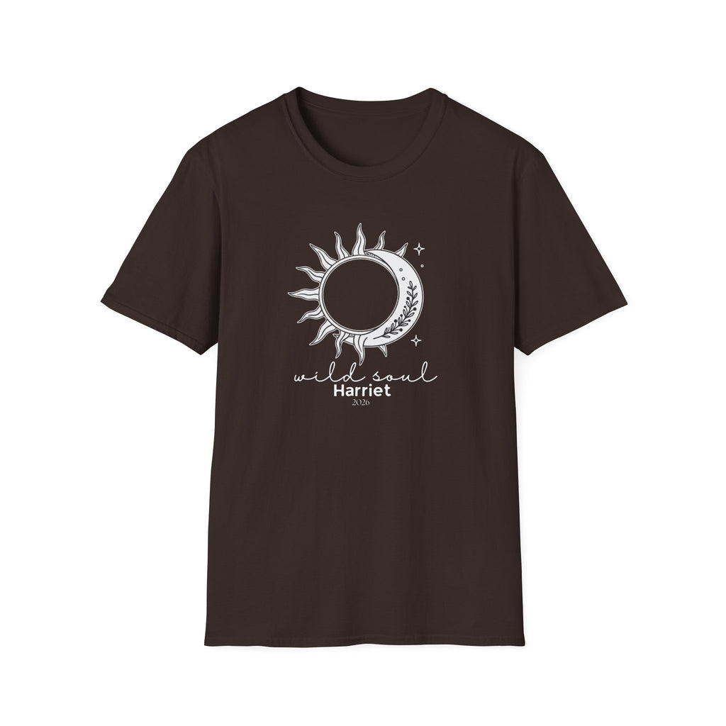 Brown graphic T-shirt with sun/moon emblem and 'wild soul Harriet' print