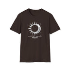 Brown graphic T-shirt with sun/moon emblem and 'wild soul Harriet' print
