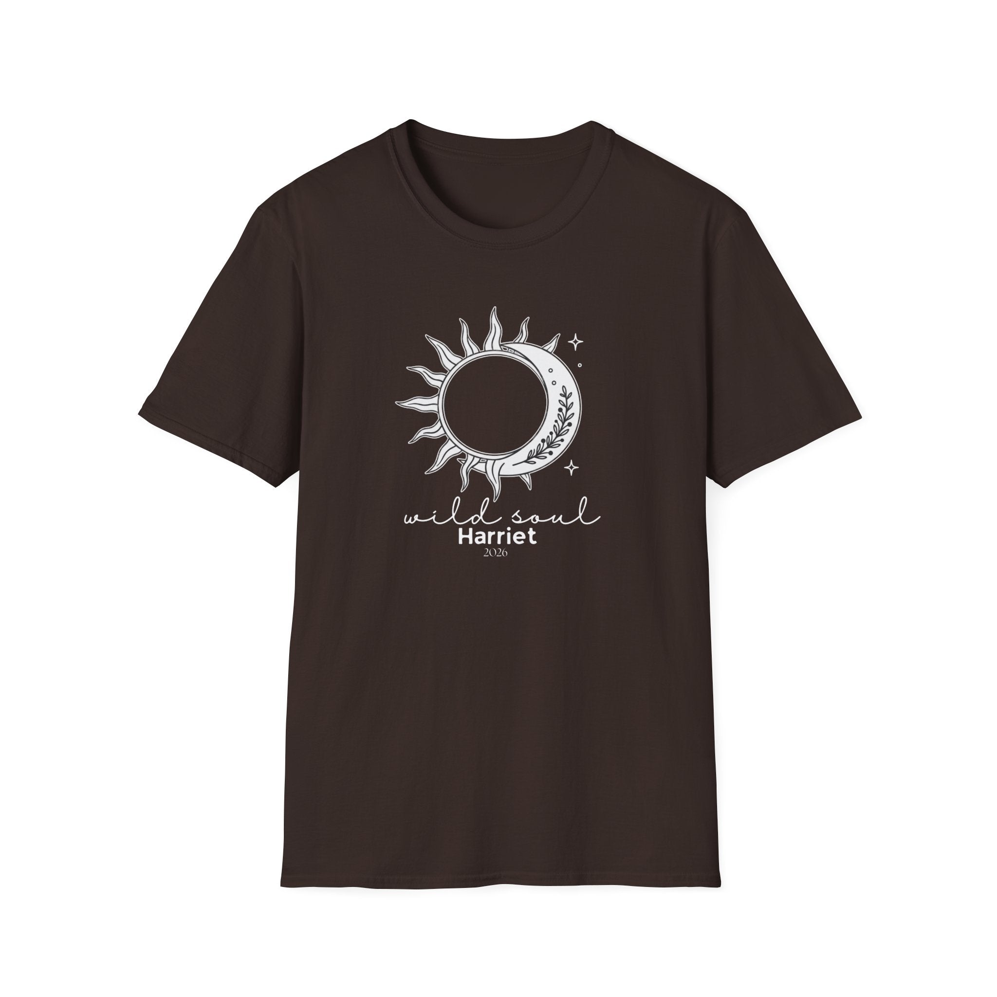 Brown graphic T-shirt with sun/moon emblem and 'wild soul Harriet' print