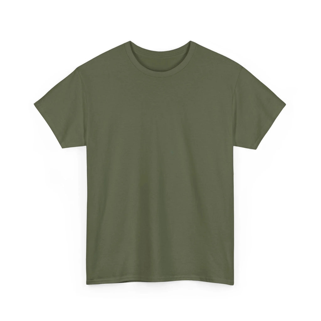 Unisex heavy cotton tee in olive green, front view