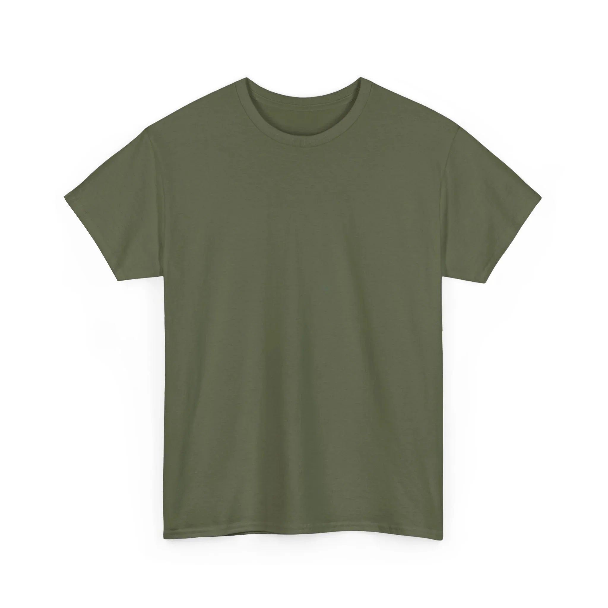 Unisex heavy cotton tee in olive green, front view
