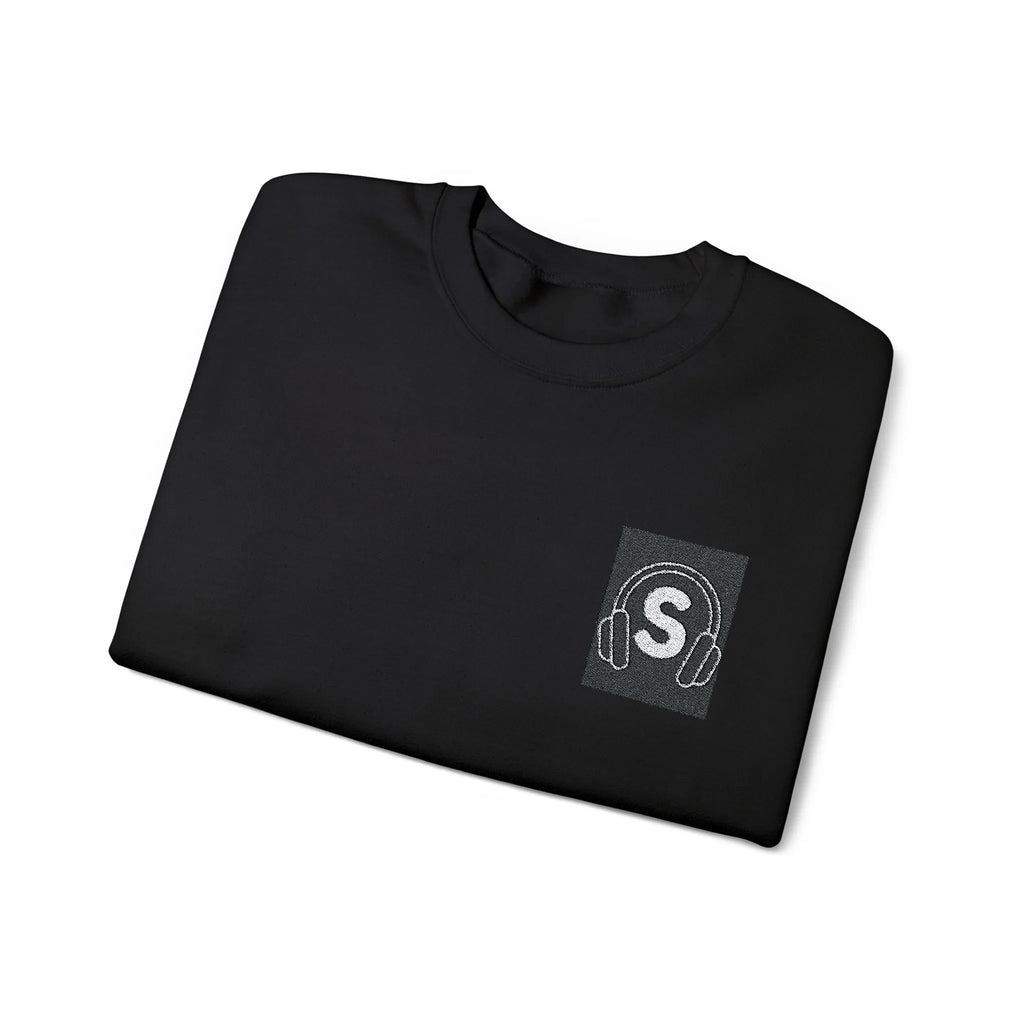 Black unisex sweatshirt with embroidered headphone monogram patch on chest