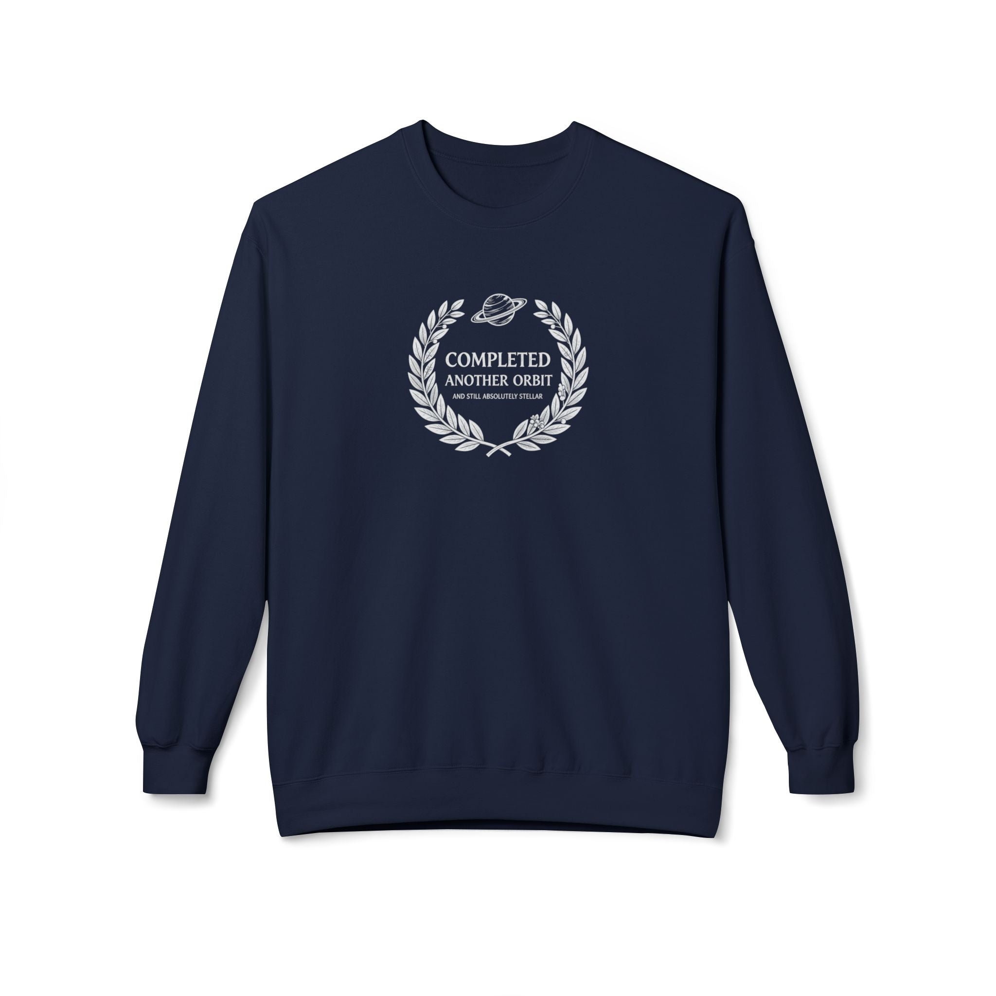 Navy crewneck sweatshirt with laurel logo graphic on chest