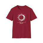 Burgundy crew-neck t-shirt with sun-and-moon graphic and stars