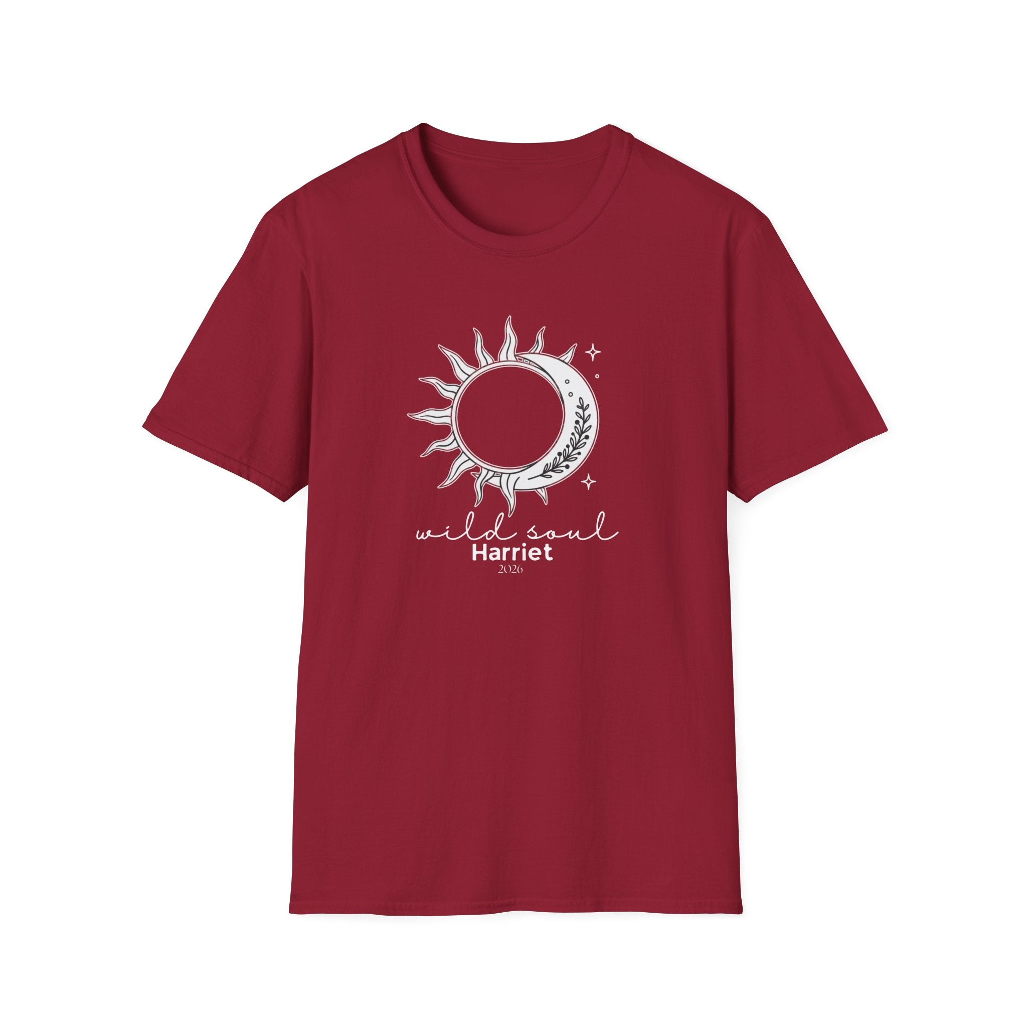 Burgundy crew-neck t-shirt with sun-and-moon graphic and stars