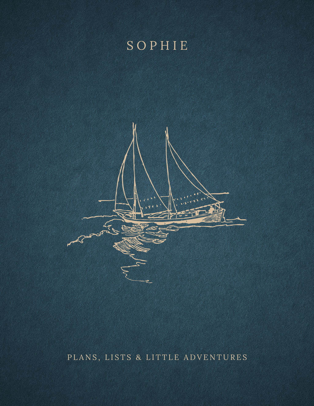 Close-up dark teal notebook cover with sailboat line art and title text