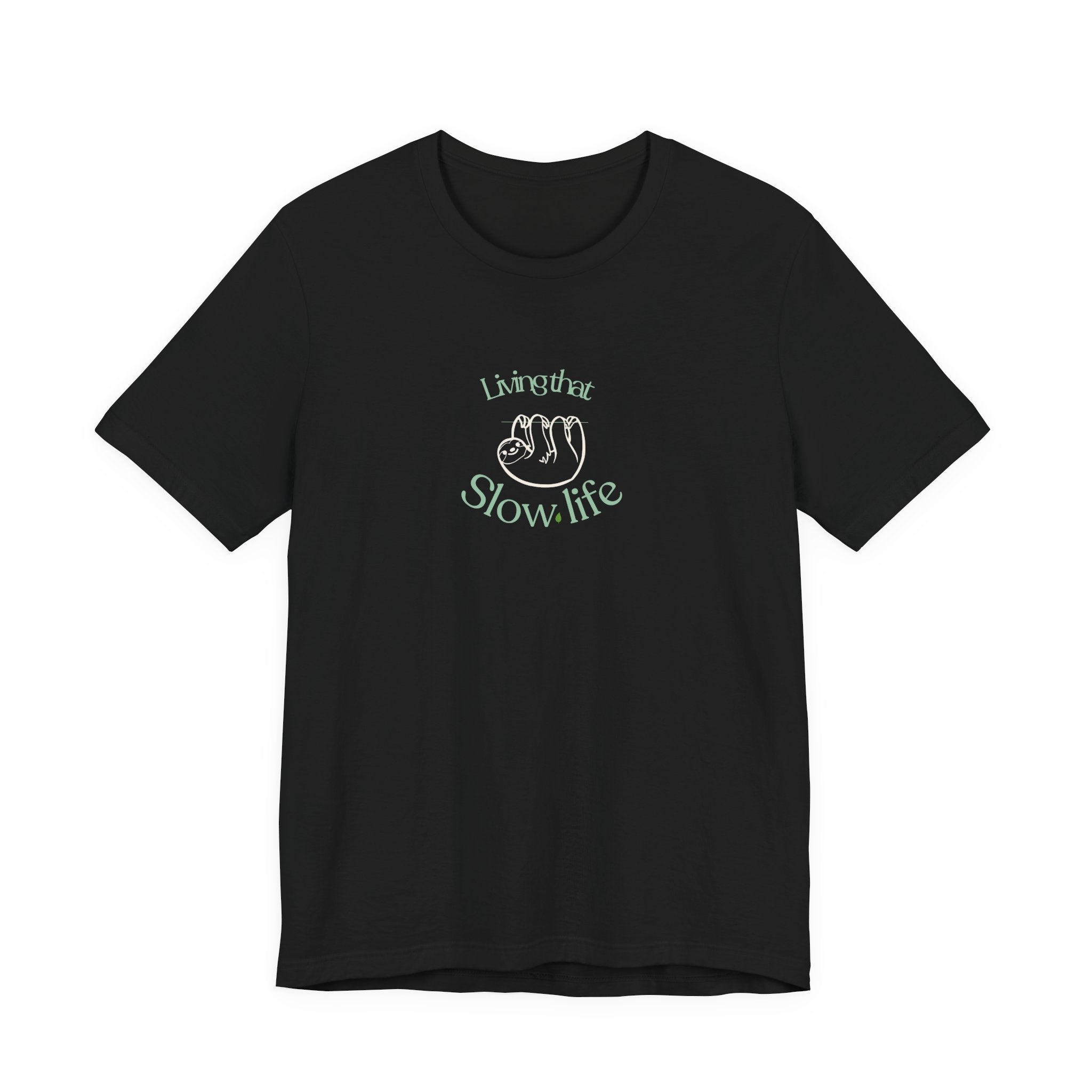 Black T-shirt with Slow life hand graphic and Livingthat text