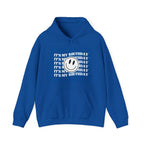 Royal blue birthday hooded sweatshirt with front graphic text and smiley