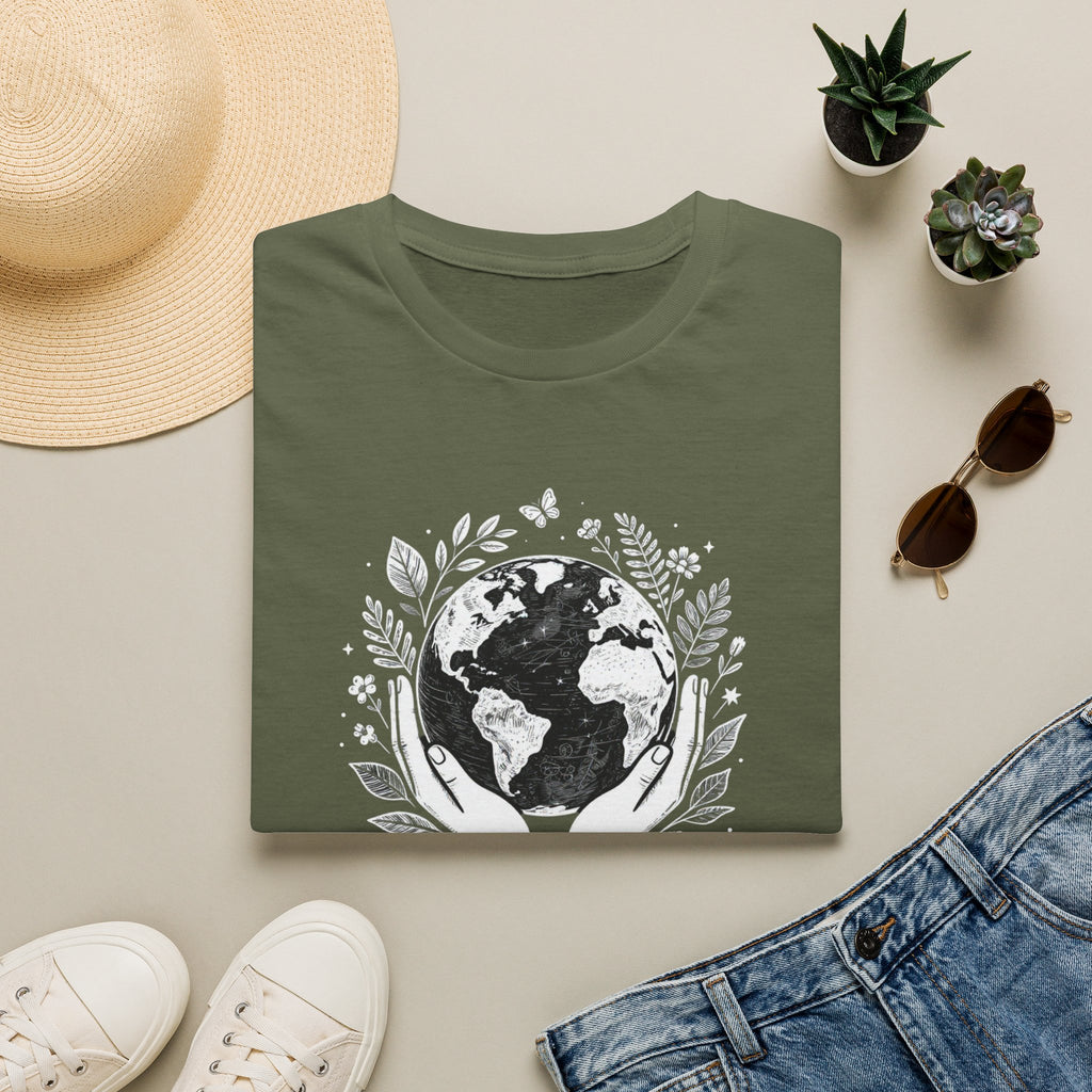 Forest green crewneck T-shirt with white globe and leaf “Protect Our Planet” print