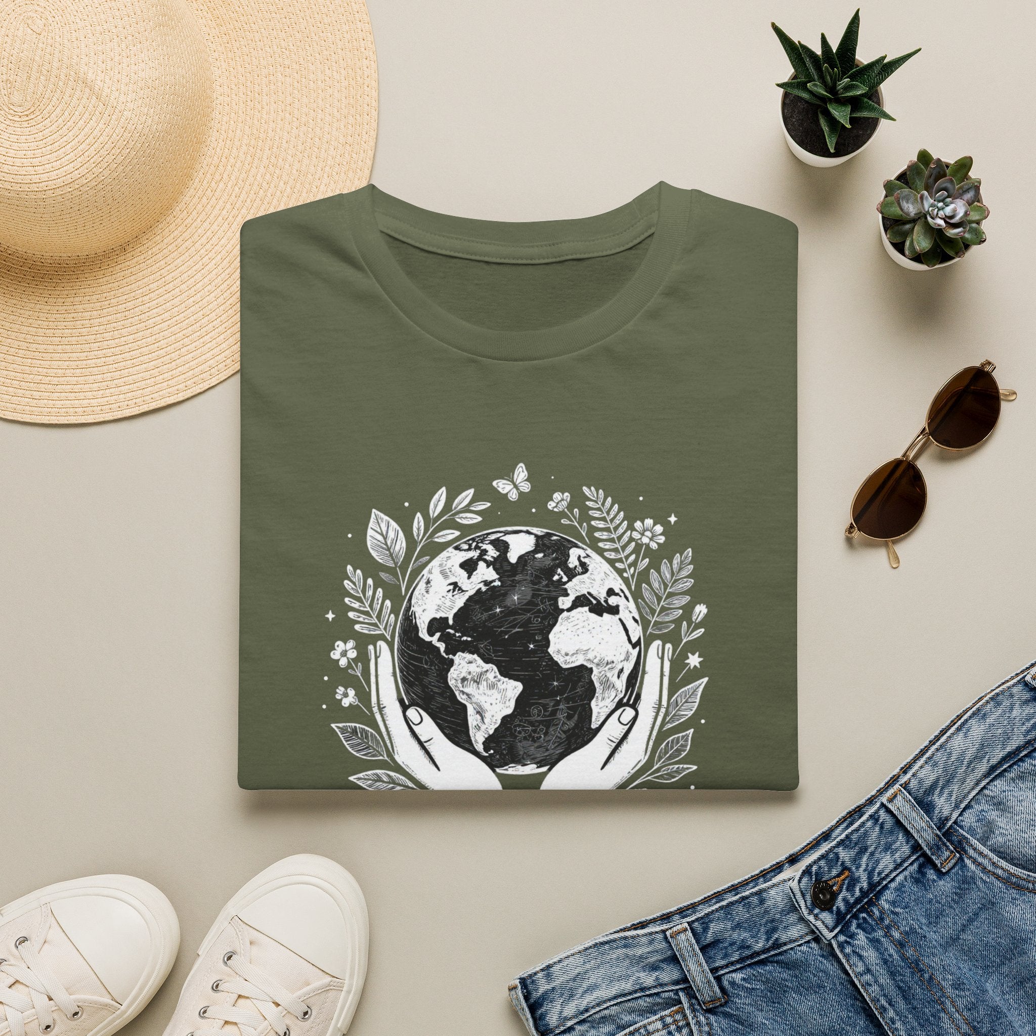 Forest green crewneck T-shirt with white globe and leaf “Protect Our Planet” print