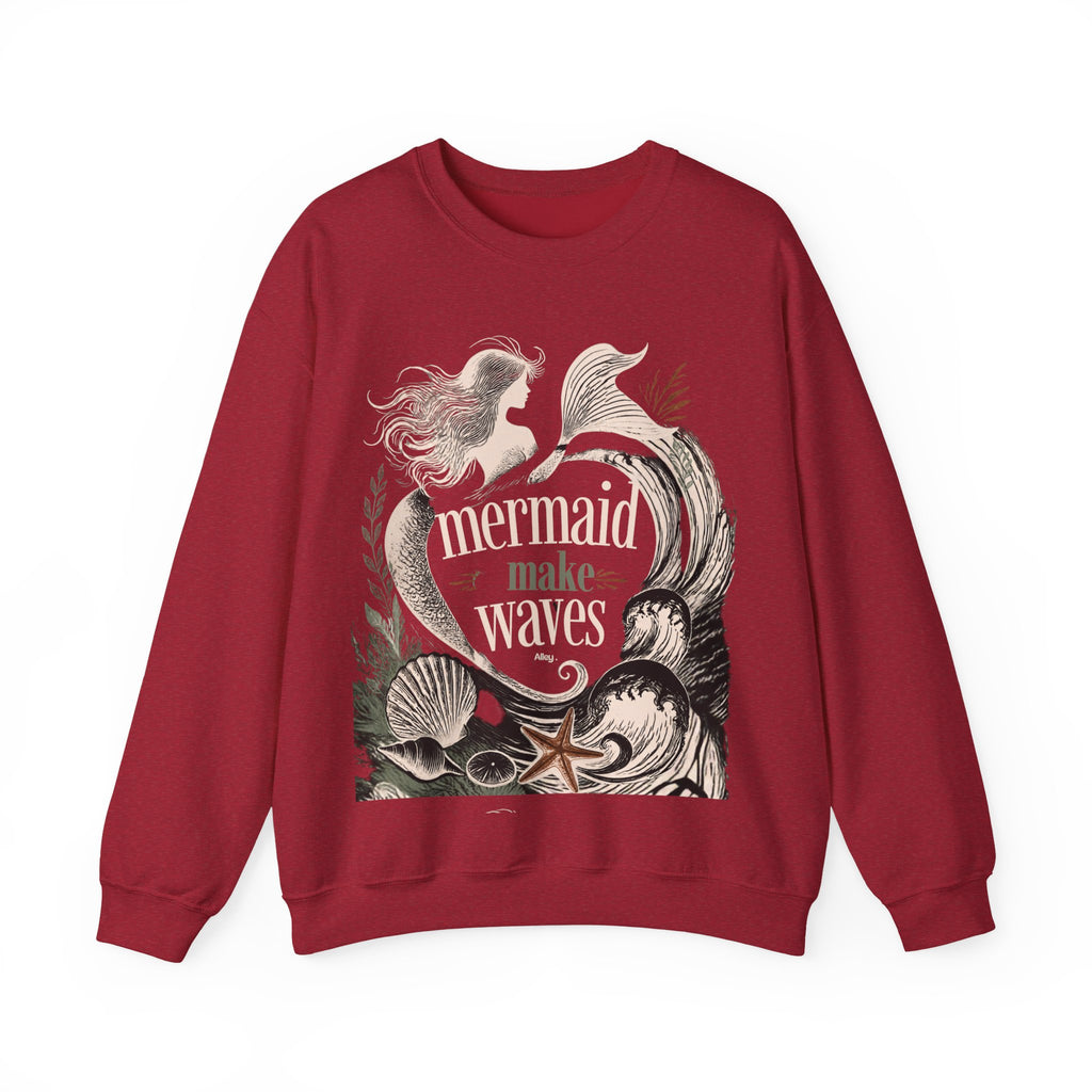 Unisex crewneck sweatshirt in antique cherry red with mermaid 'make waves' front