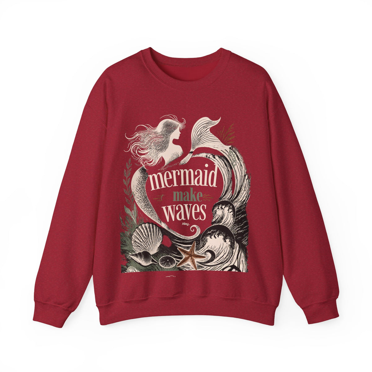 Unisex crewneck sweatshirt in antique cherry red with mermaid 'make waves' front