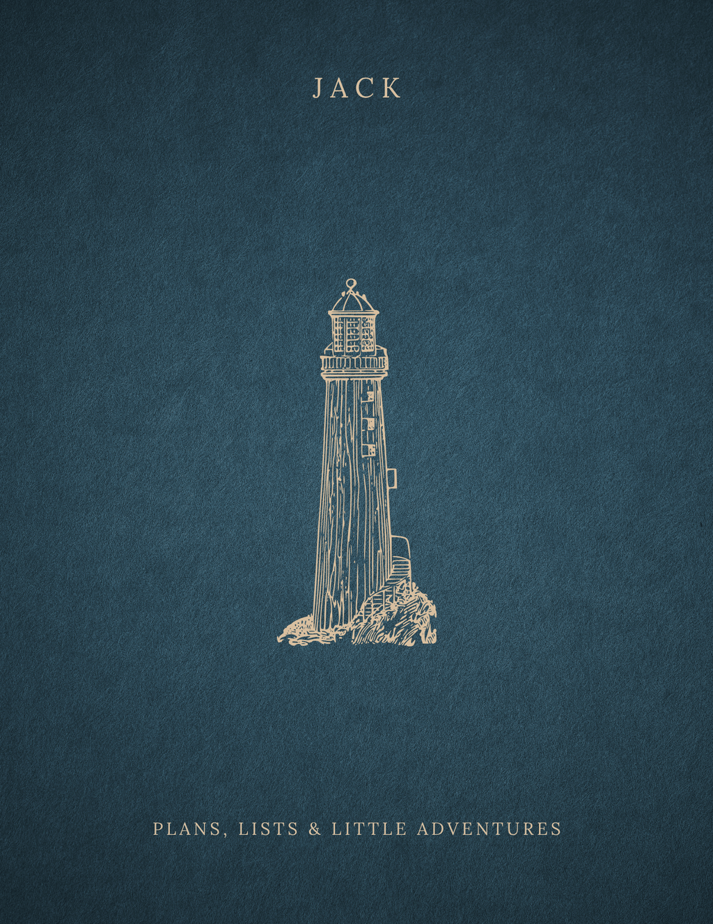 Dark blue A5 notebook cover with JACK name and lighthouse illustration.