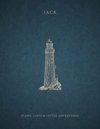 Dark blue A5 notebook cover with JACK name and lighthouse illustration.