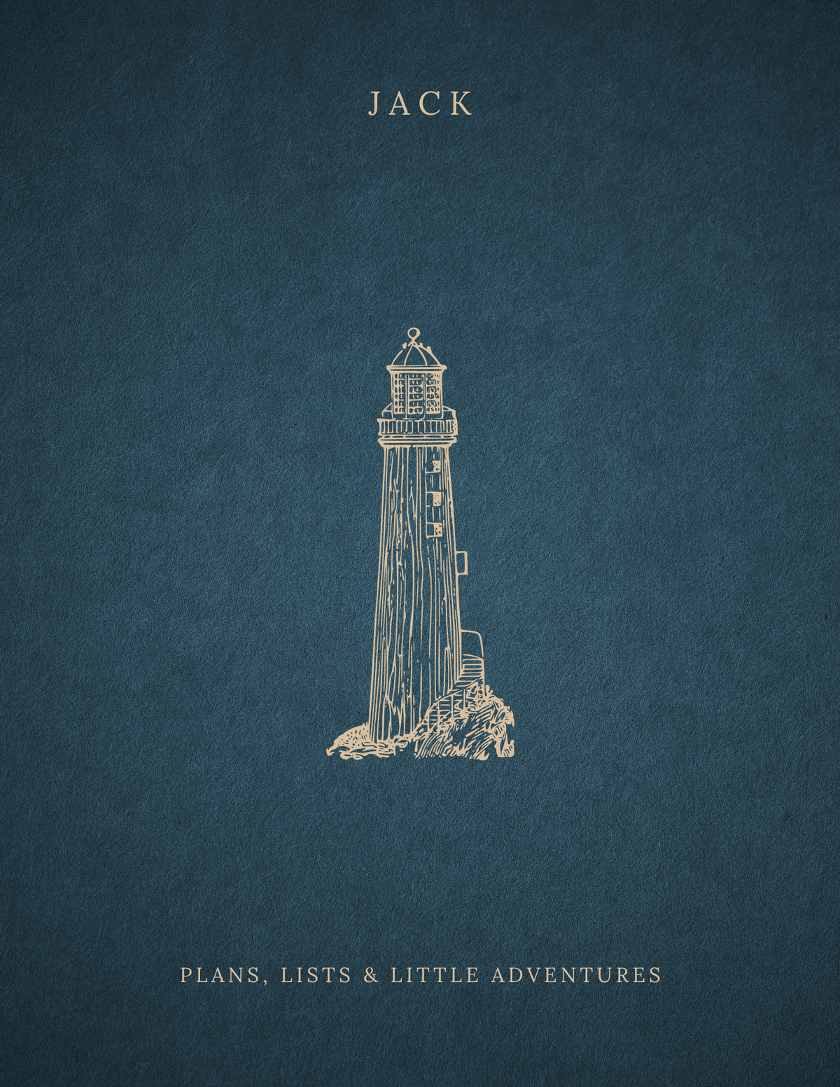 Dark blue A5 notebook cover with JACK name and lighthouse illustration.