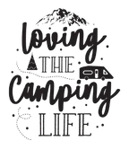 "Loving the Camping Life" sweatshirt graphic in black ink with speckled texture