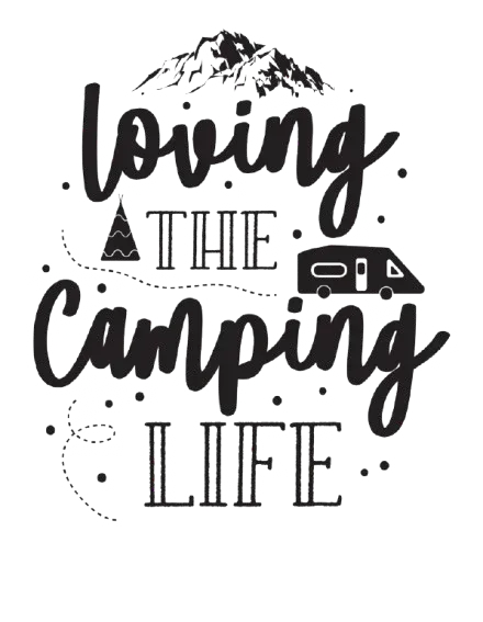 "Loving the Camping Life" sweatshirt graphic in black ink with speckled texture