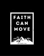 Square faith graphic print with mountains and text on dark background