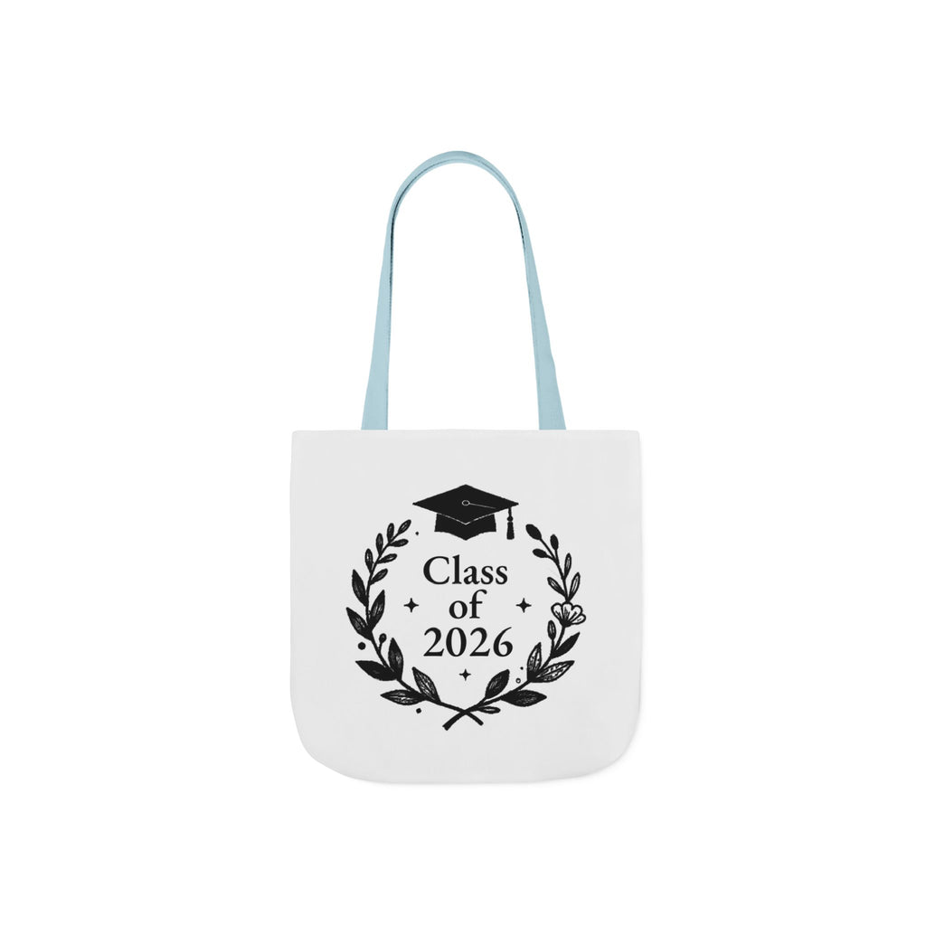 White tote bag with light blue handles and Class of 2026 wreath graduation cap print