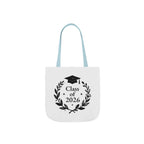 White tote bag with light blue handles and Class of 2026 wreath graduation cap print
