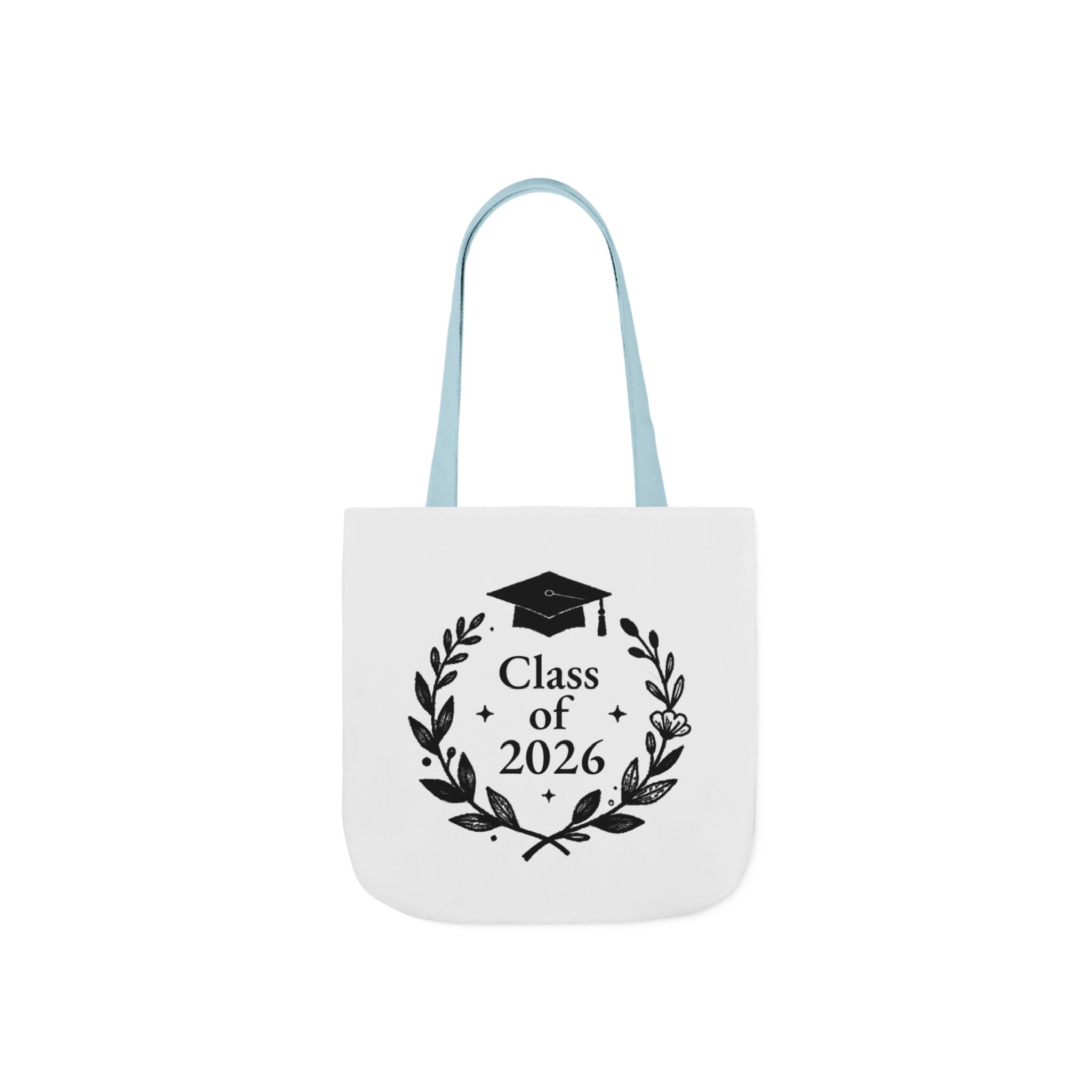 White tote bag with light blue handles and Class of 2026 wreath graduation cap print