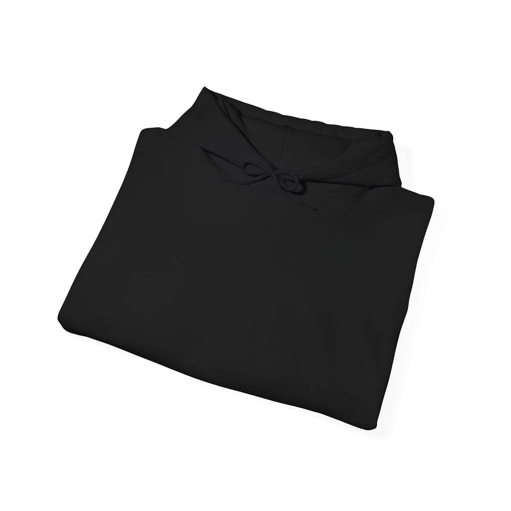 Black hoodie with drawstring hood and kangaroo pocket, folded so no graphic is visible