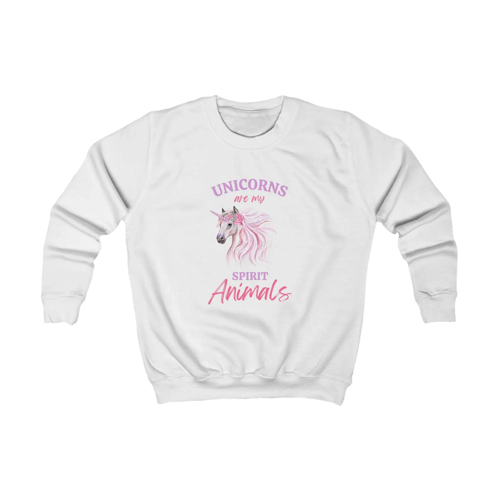 Kids white sweatshirt, centered unicorn and "Spirit Animals" logo graphic