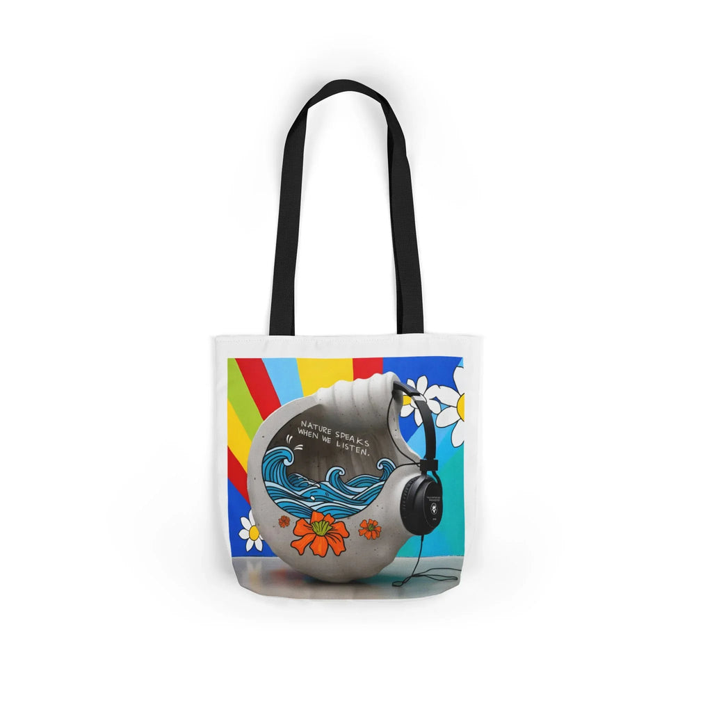 White tote bag with headphones and ocean wave graphic, black handles, full front