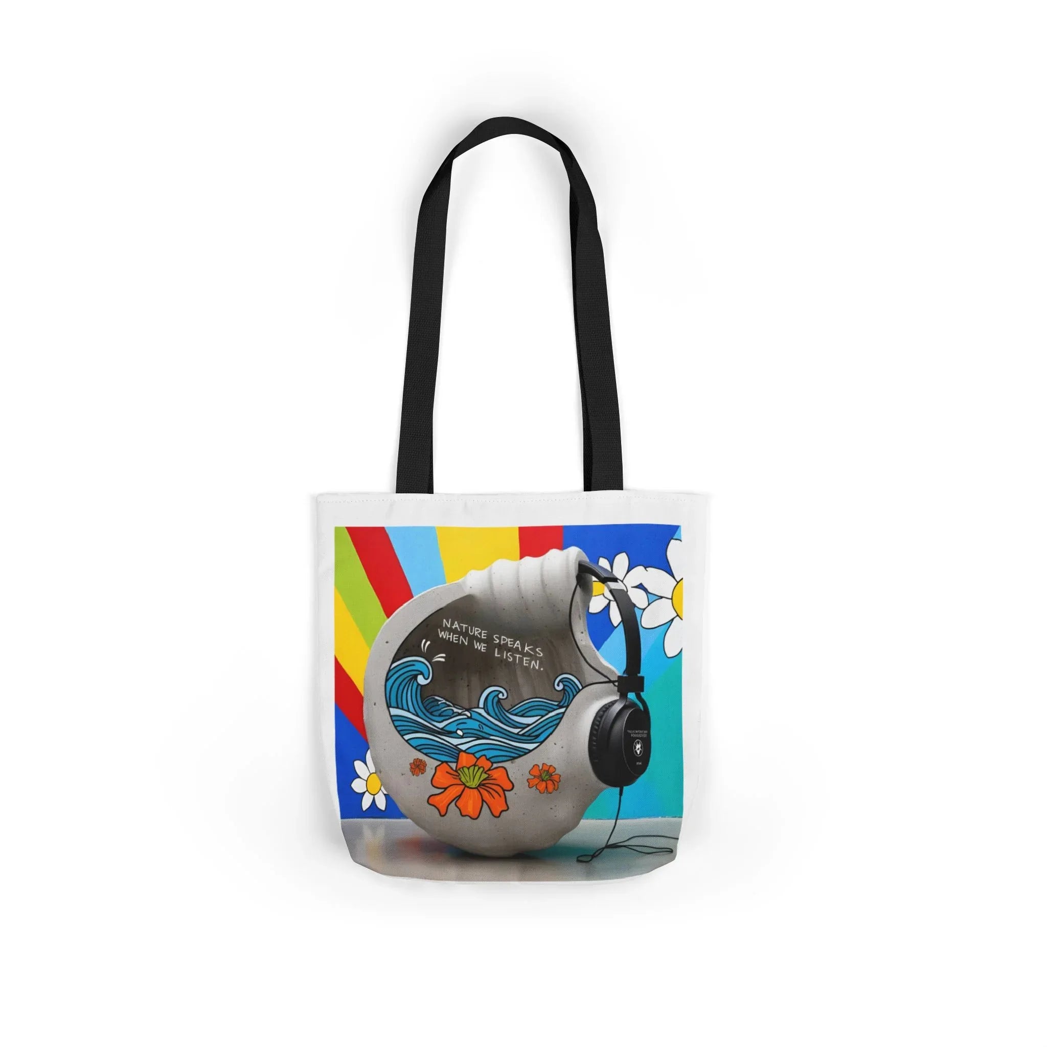 White tote bag with headphones and ocean wave graphic, black handles, full front