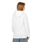 White hoodie on model, back view with hood and full-length sleeves