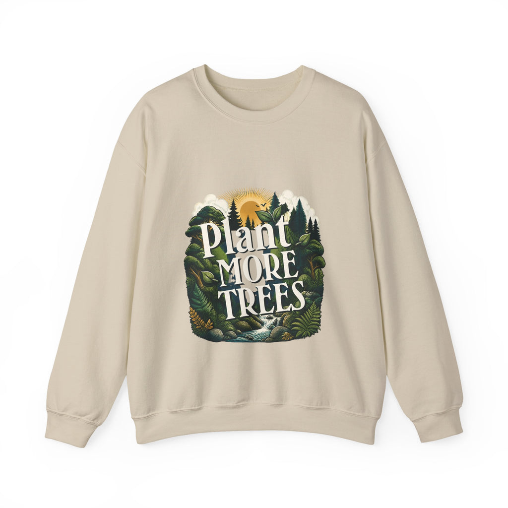Unisex light beige sweatshirt with “Plant More Trees” nature graphic on front