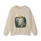 Unisex light beige sweatshirt with “Plant More Trees” nature graphic on front