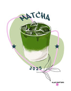 White tote bag front with “MATCHA” text and green iced drink graphic