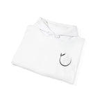 White unisex yoga hoodie folded with drawstring hood and chest emblem, kangaroo pocket.