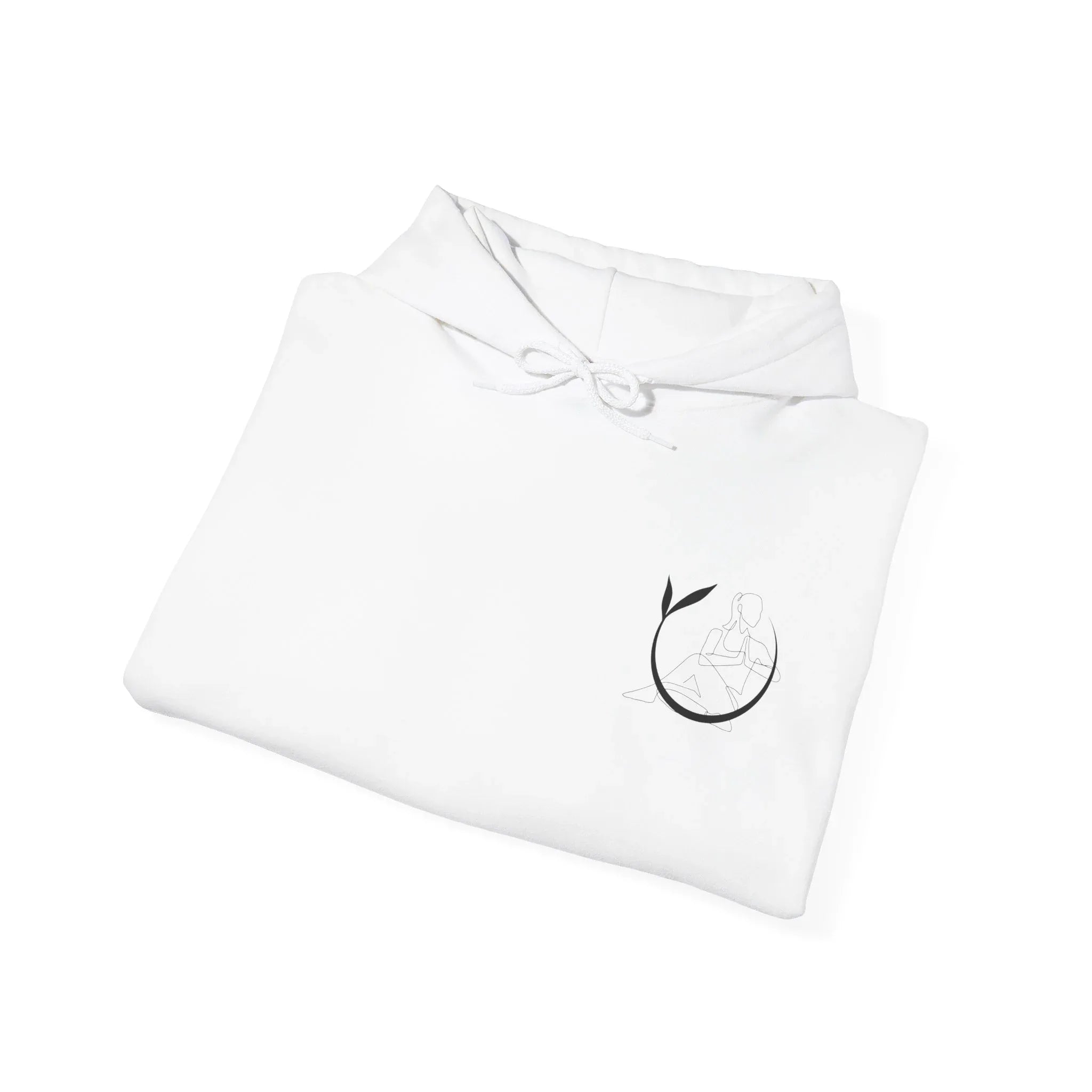 White unisex yoga hoodie folded with drawstring hood and chest emblem, kangaroo pocket.