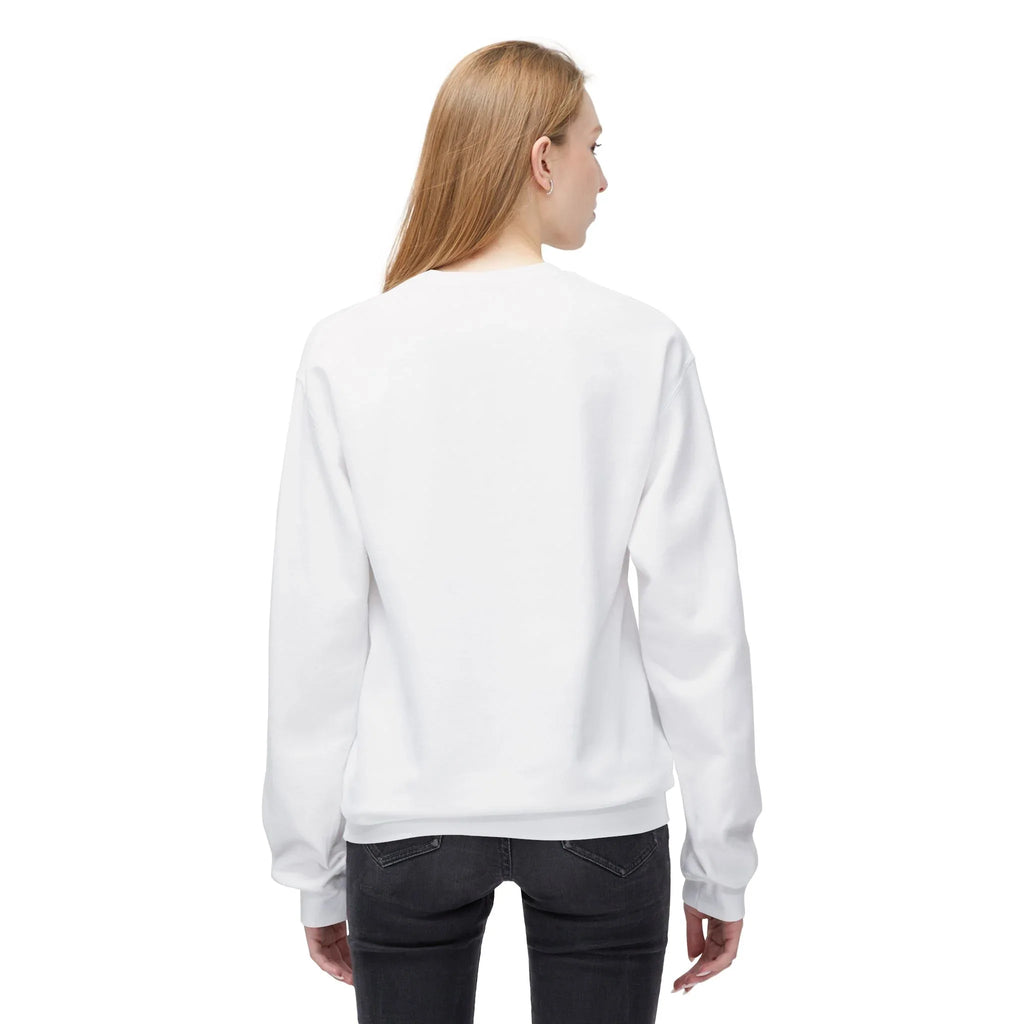 White sweatshirt on model, back view with crew neck and long sleeves