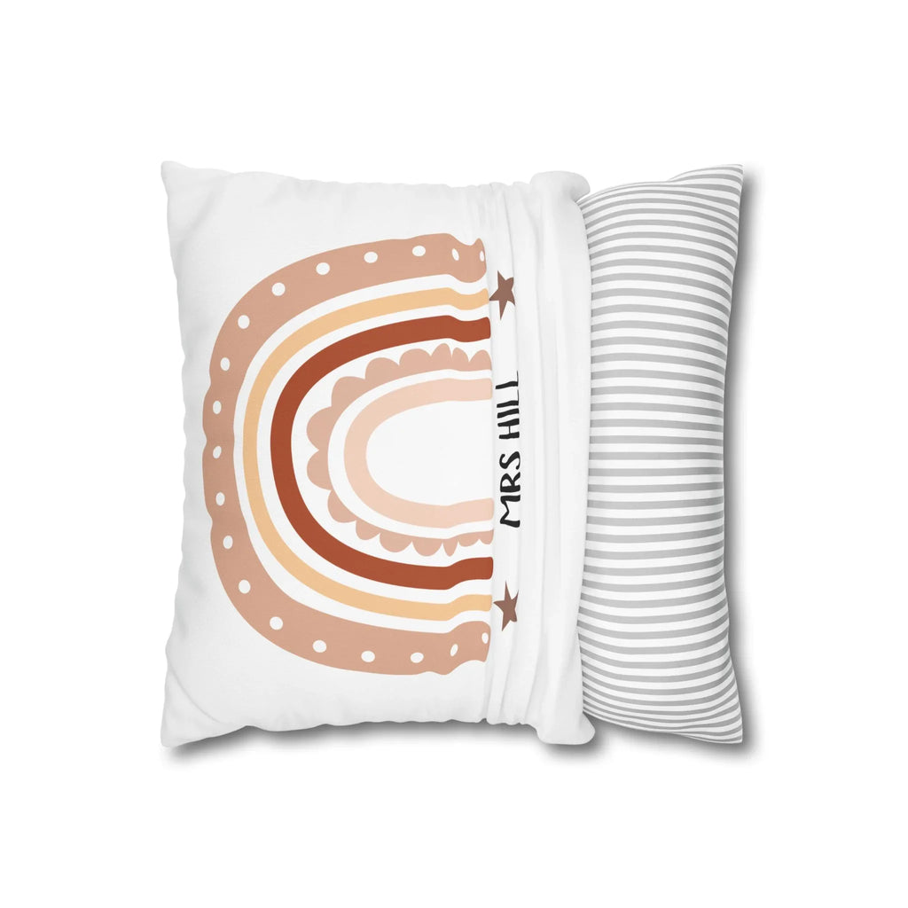 Personalised pillowcase with rainbow print, paired with striped pillow