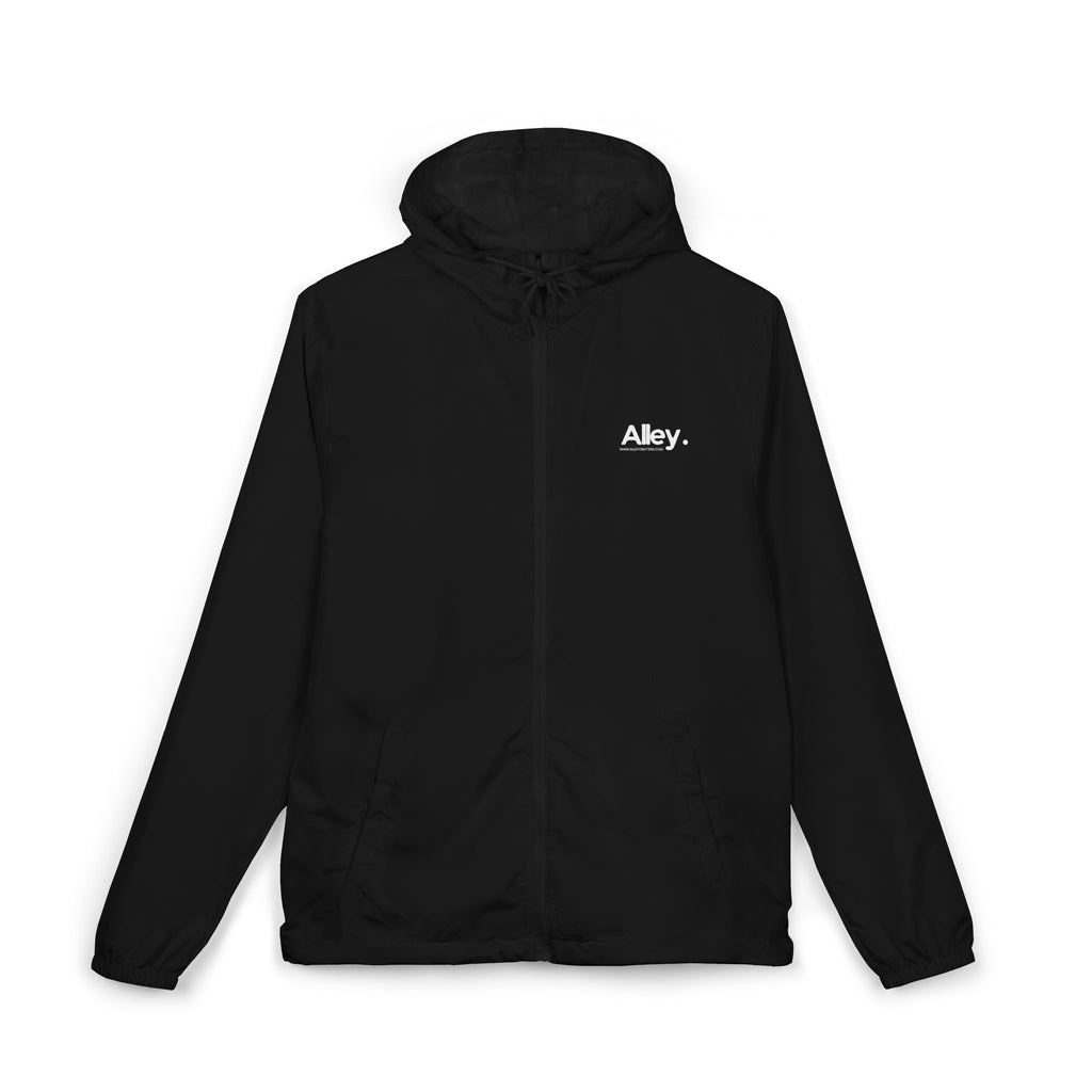 Lightweight hooded windbreaker jacket in black, front zip, drawstring hood, chest logo.