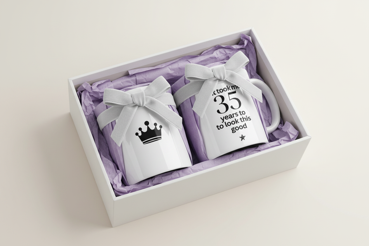 Gift box of white mugs with purple filler; mug shows crown icon and '35 years' text