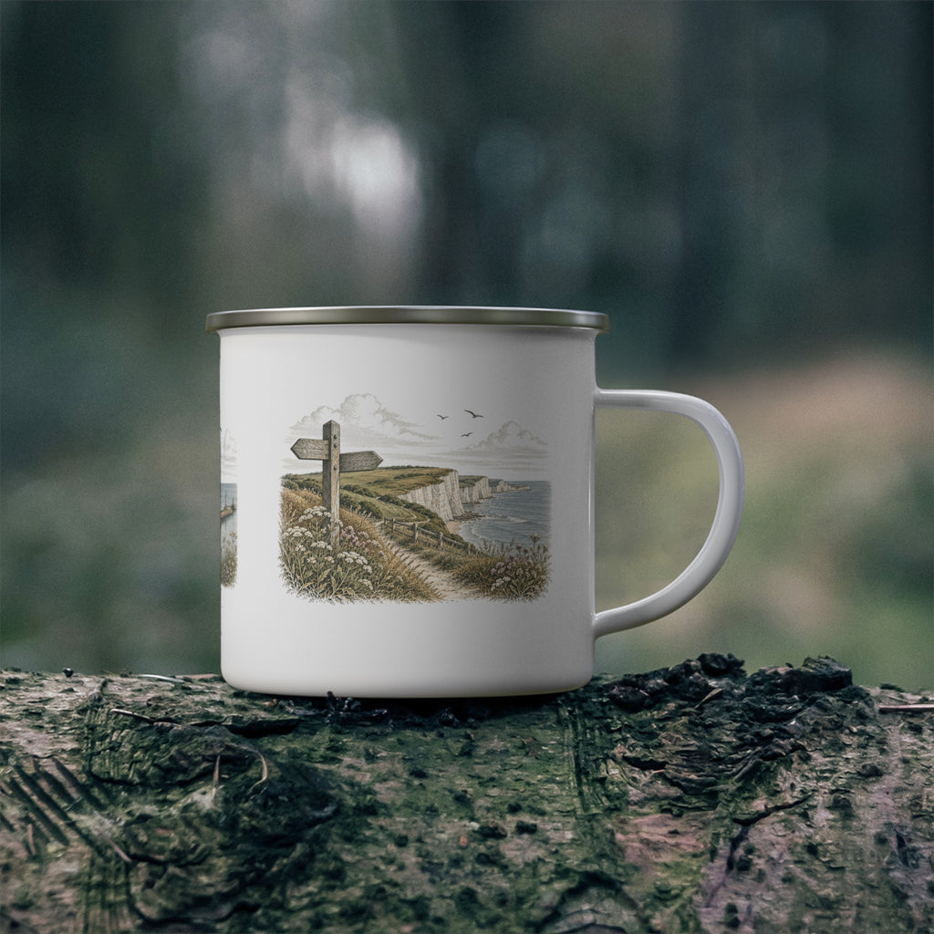 Whitby Enamel Camping Mug — Coastal Cottage Vintage Travel Illustration
