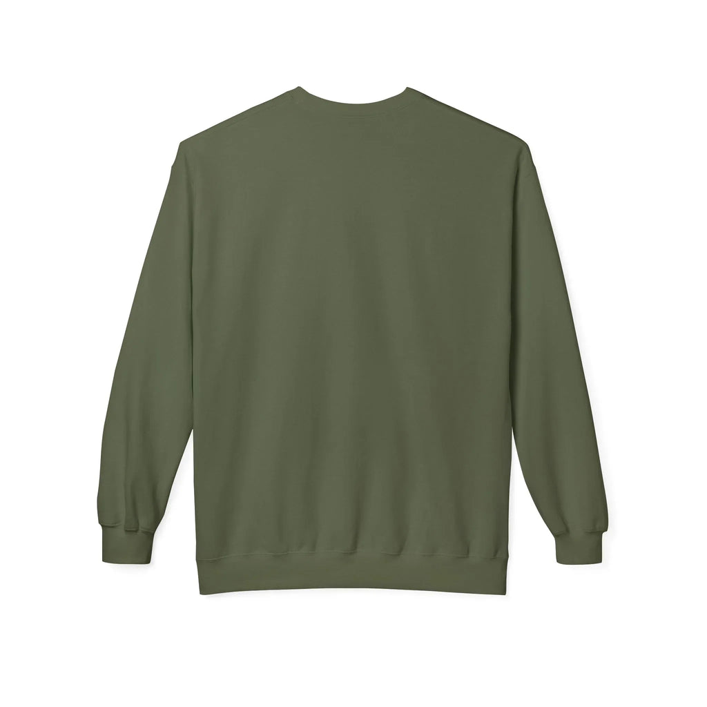 Olive green crewneck sweatshirt with long sleeves, plain back view.