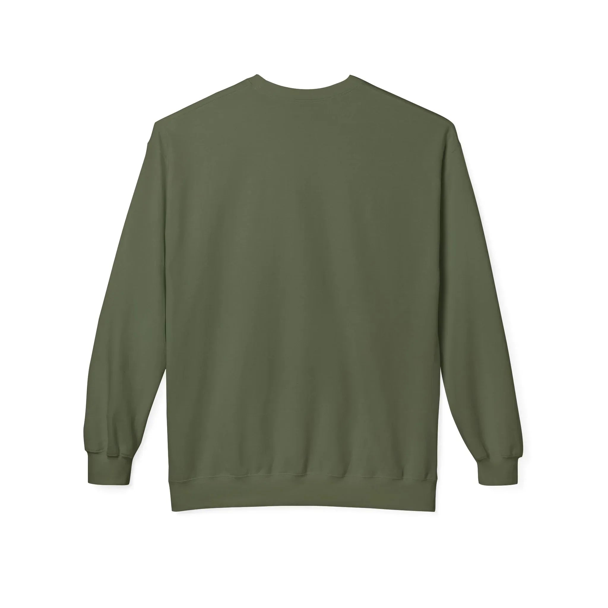 Olive green crewneck sweatshirt with long sleeves, plain back view.