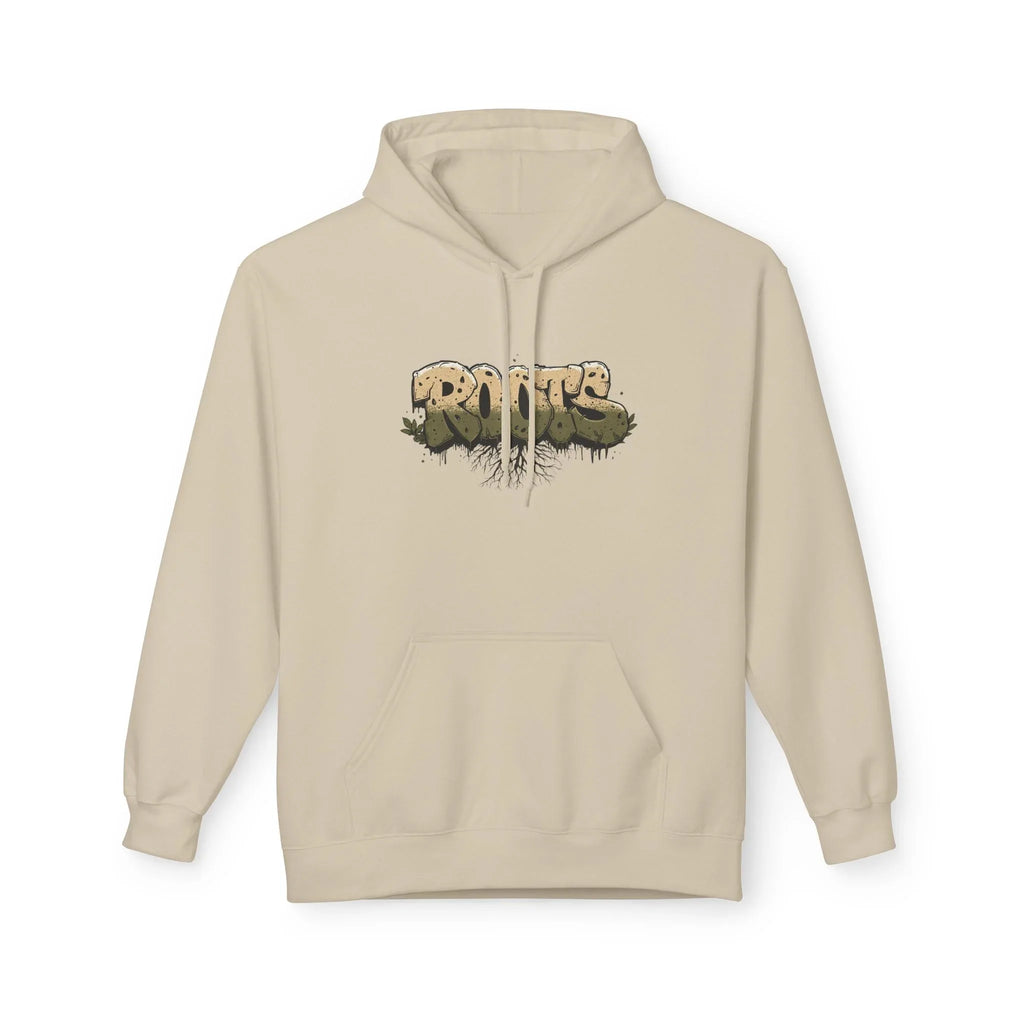 Beige hoodie with drawstring hood, kangaroo pocket, and centered 'ROOTS' graphic.