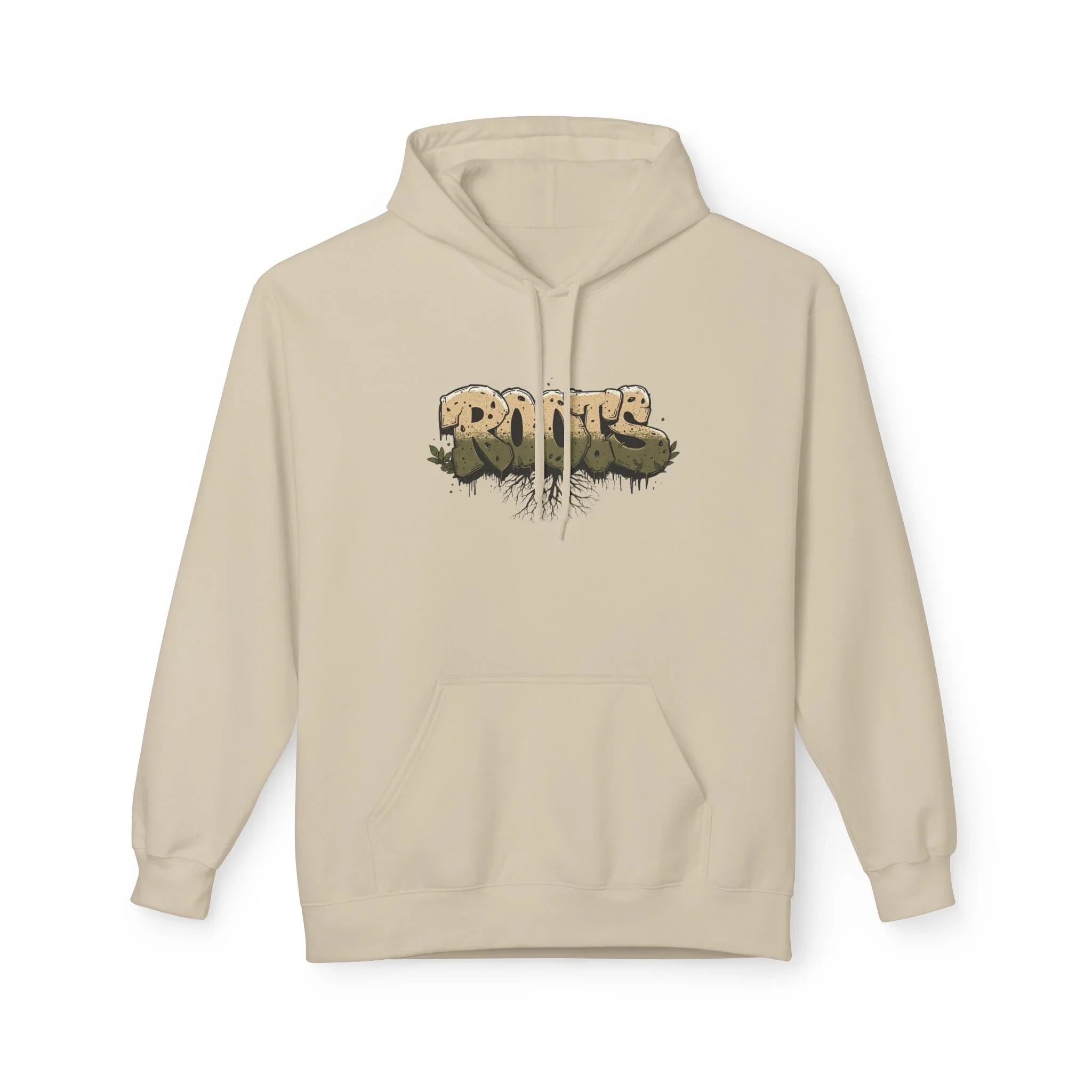Beige hoodie with drawstring hood, kangaroo pocket, and centered 'ROOTS' graphic.