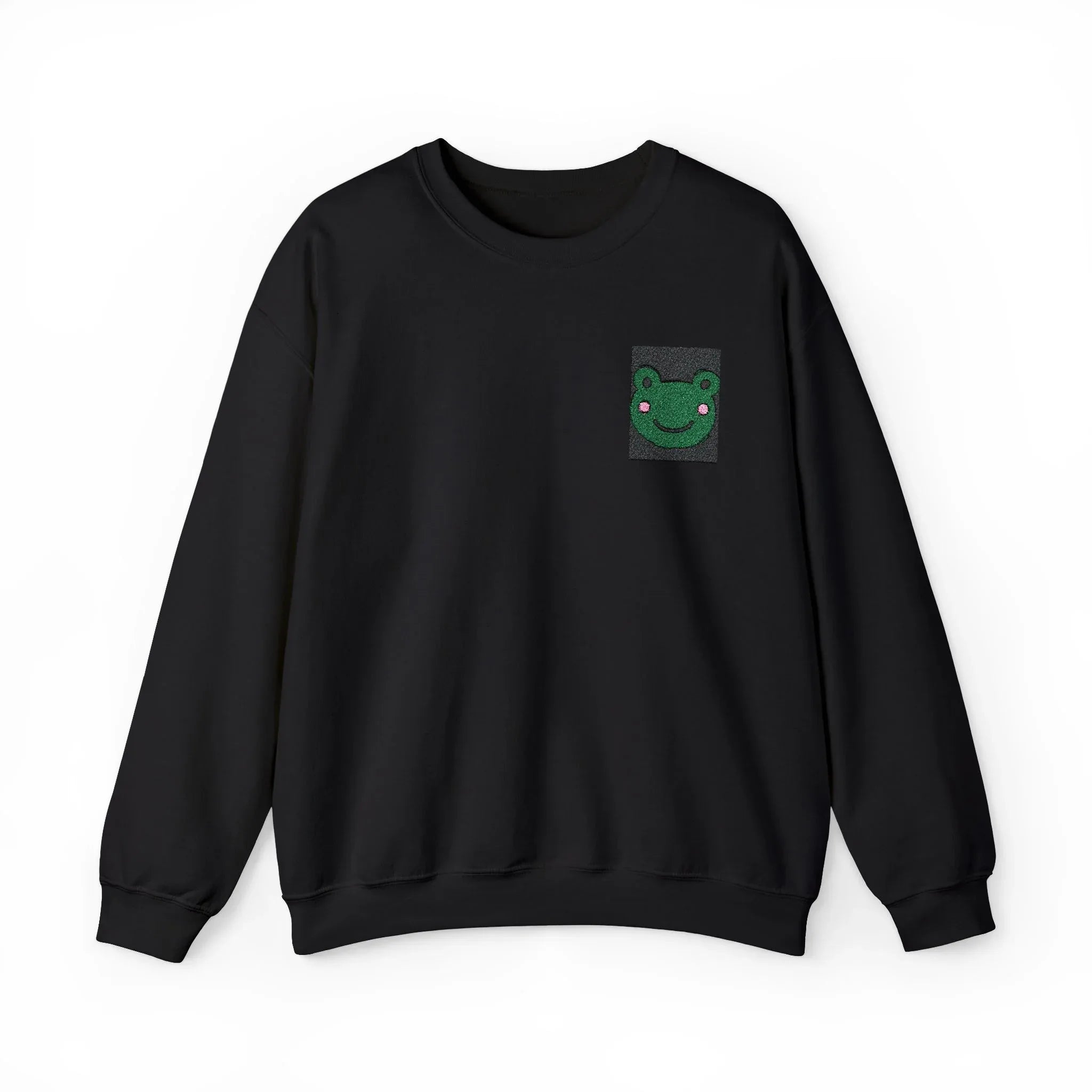 Black sweatshirt with small green frog face embroidery patch on the left chest