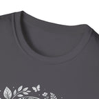 Charcoal crewneck T-shirt neckline with partial white globe-and-leaf graphic